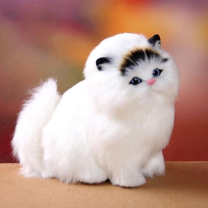 Peluche chat qui miaule simulation - kawaii mignon - Blanc avec tâche marron foncée & gros yeux bleus réaliste - Cadeau pour enfants 3